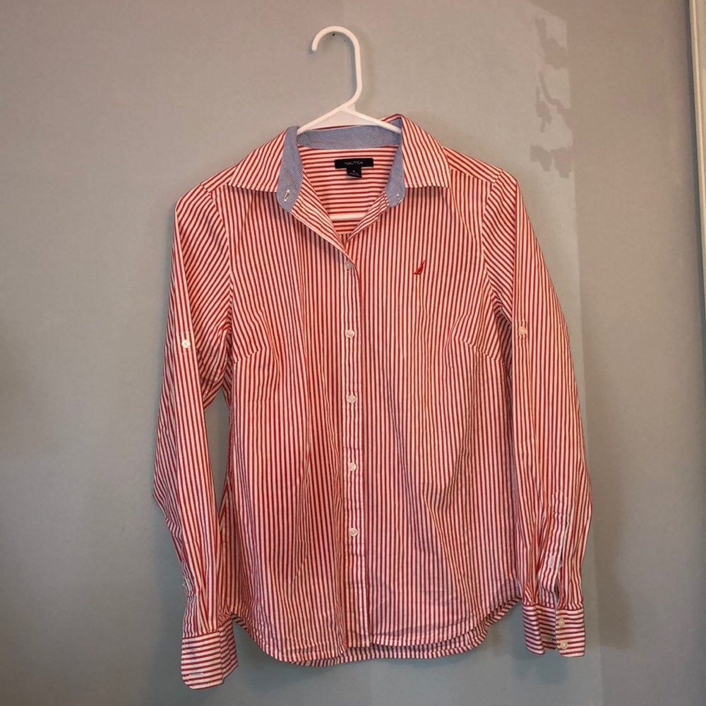 Red and white striped button up shirt
